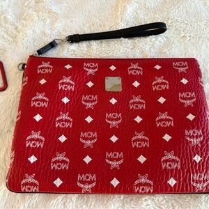 MCM Red Clutch with Logo Print Wristlet